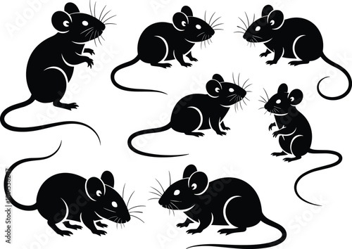 Mouse silhouette set, stylized poses with whiskers and tails, black vector illustration, small animal design, rodent motion sketch