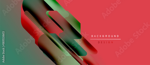 Abstract geometric shapes overlap, creating dynamic red, green gradients. Minimalist text reads background design on right side.
