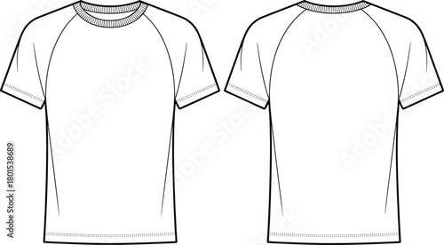 Short-sleeved T-shirt technical drawing, front and back views, raglan sleeve design, fashion flat sketch, crew neck illustration