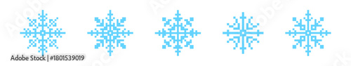Set of blue pixelated snowflakes on a white background.