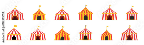 Set of colorful circus tents with red and yellow stripes.