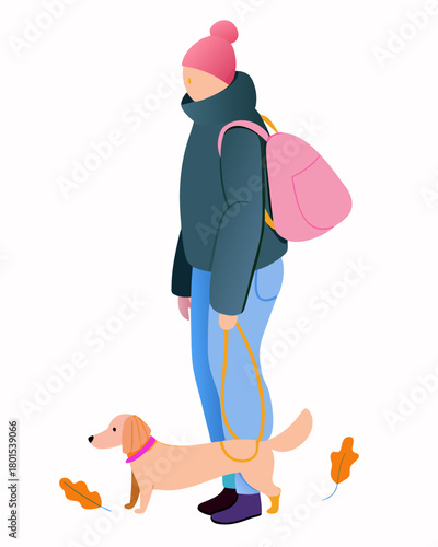 Happy Girl in Beanie Walking Dog in Autumn with Backpack