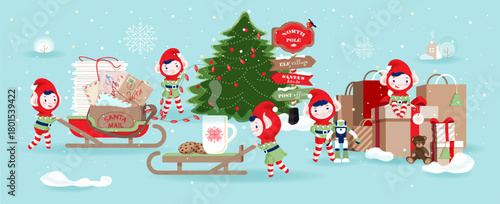 Christmas preparations in Elf village: they help Santa Claus - deliver letters from kids, decorate fir tree with garland, wrap presents and gifts, bring cookies and hot drink. Flat vector illustration