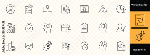 work efficiency icon set featuring productivity, planning, automation, teamwork, deadline, strategy, and multitasking