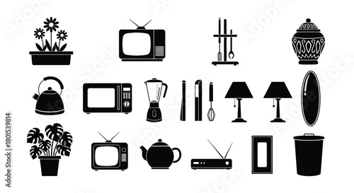 Vector household appliances and furniture black silhouette collection