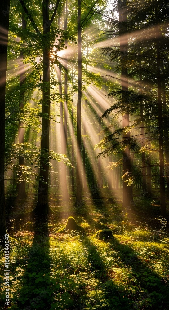 Naklejka premium Sunlight filtering through the dense canopy of a lush forest creating beautiful rays and illuminating the vibrant greenery below