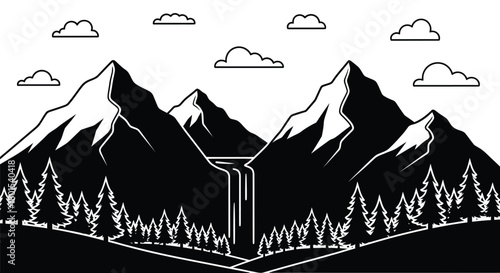 Mountain landscape with waterfall vector illustration black white