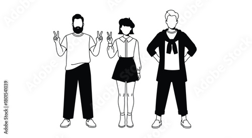 Vector illustration of diverse group of people making peace signs