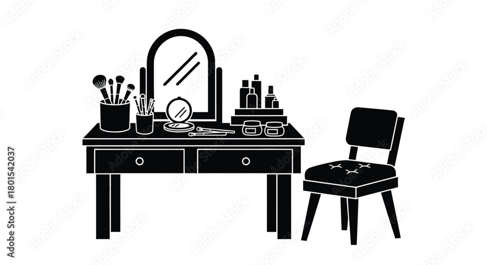 Fototapeta premium Black vanity table with mirror and makeup accessories illustration