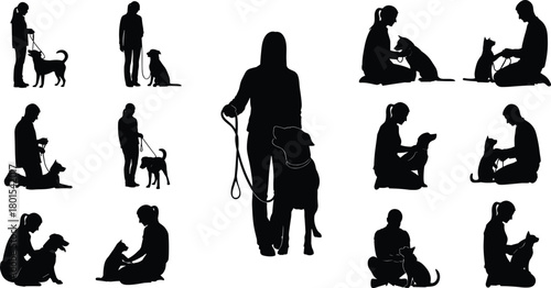 Dog training silhouette, pet care illustration, human dog interaction, animal companionship, leash walking, obedience, bonding moment, black vector icons