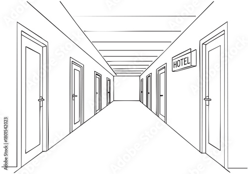 Linear hall sketch in the office or hotel with doors