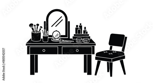 Black vanity table with mirror and makeup accessories illustration