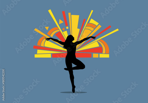 Silhouette ballerina with vibrant geometric shapes on blue background