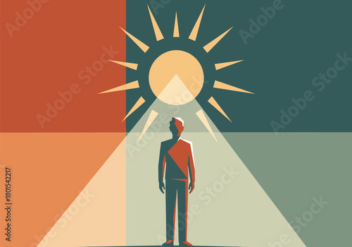 Geometric art deco style: silhouette of person under radiant sun