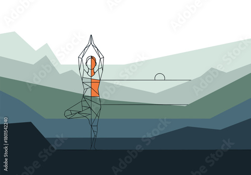 Geometric yoga pose in abstract mountain landscape