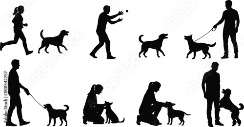 Dog walking, pet training, human interaction, outdoor activity, dog silhouette, playful dog, companionship, exercise, bonding, pet care, leash, obedience