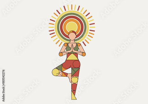Geometric yoga pose with colorful mandala background in tree pose