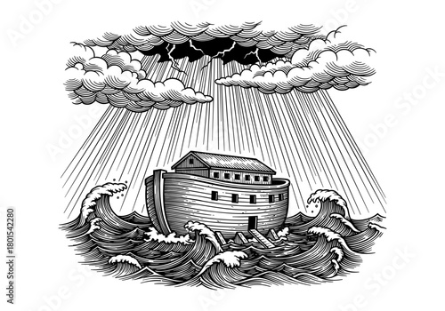 Detailed black and white woodcut of noah's ark amidst rough seas and stormy skies