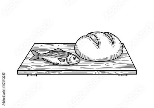 Engraved bread and fish on cutting board: vintage religious symbolism