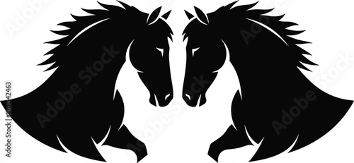 Elegant horse silhouette, symmetrical design, black stallions facing, flowing mane, artistic contour, tattoo style, logo ready, bold animal illustration