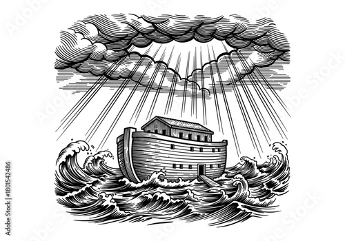Vintage engraving of noah's ark with stormy seas and dramatic clouds