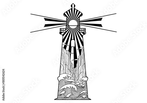 Artistic lighthouse with waves and rays in black and white design