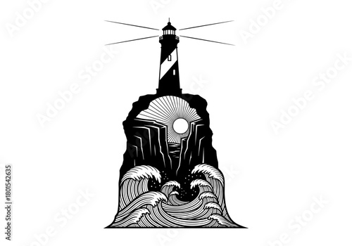 Abstract lighthouse and ocean waves black and white design