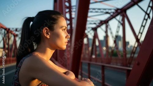 Young asian female adult looking thoughtfully from a red bridge railing. Golden hour sunlight illuminates her profile against an urban skyline, evoking contemplation