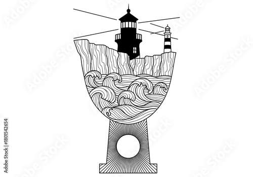 Intricate lighthouse and ocean waves in a goblet design