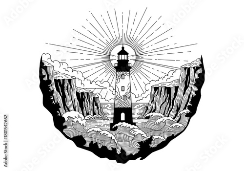 Lighthouse in sunburst design with ocean waves and cliffs