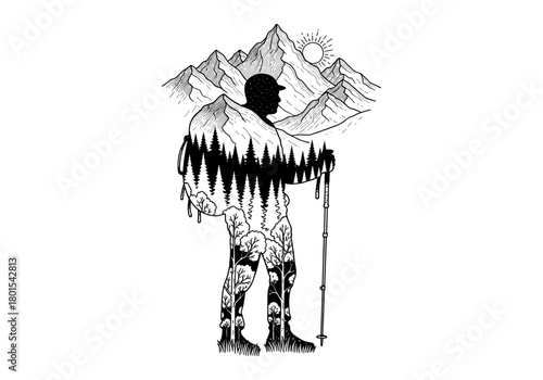 Double exposure of hiker in forest landscape amidst mountainous backdrop