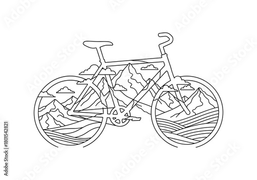 Bicycle outline with mountain landscape and clouds in linear style