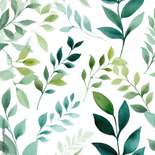 Watercolor green sprigs on white background for textiles and gift wrap