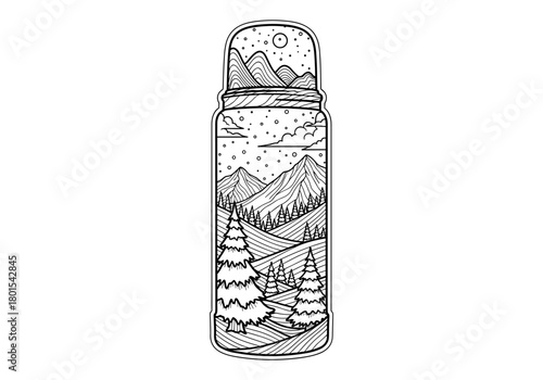 Intricate outline art of scenic mountain landscape on thermos