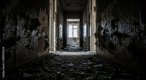 Dark abandoned hallway with peeling paint and debris leading to a distant window. Post apocalypse concept for disaster or war.