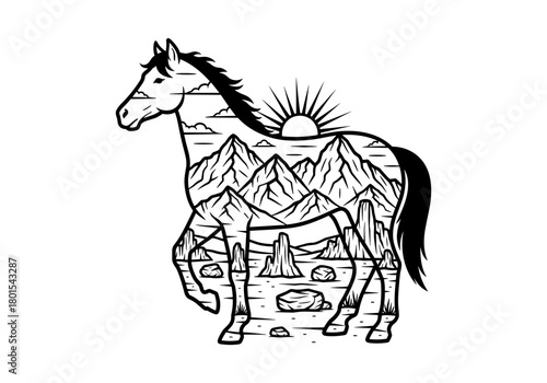 Double exposure horse with mountain scene and sunset in black and white art