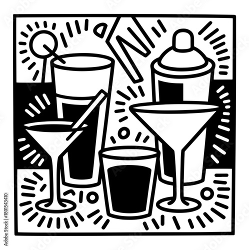 Cocktails alcoholic daiquiri, old fashioned, manhattan, martini, sidecar glass hand drawn engraving vector illustration. Isolated black and white vintage style drinks set.	