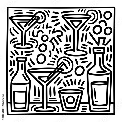 Cocktails alcoholic daiquiri, old fashioned, manhattan, martini, sidecar glass hand drawn engraving vector illustration. Isolated black and white vintage style drinks set.	