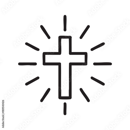 A simple black and white outline illustration depicting a christian cross with radiating lines of light