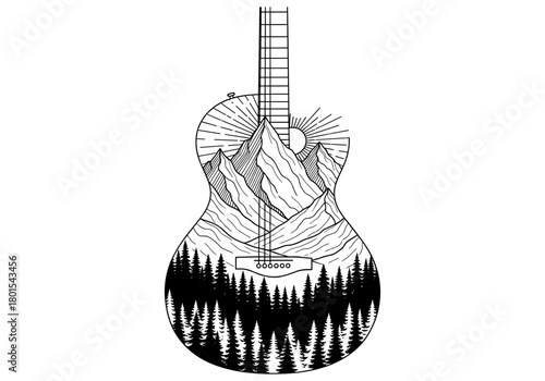 Guitar silhouette with mountain and forest design in monochrome style