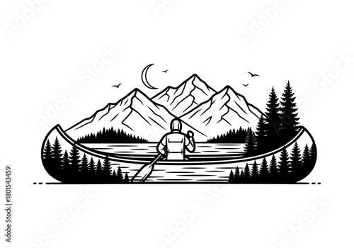 Adventure in nature: canoeing amidst majestic mountains and serene lake in minimalist style