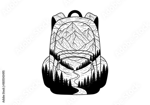 Monochrome backpack design showcasing mountain landscape in fine line art style