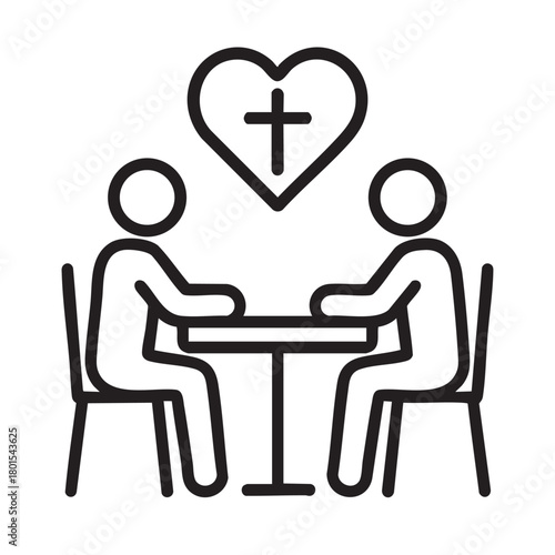 A simple line drawing depicts two people seated at a table with a heart and cross symbol above them