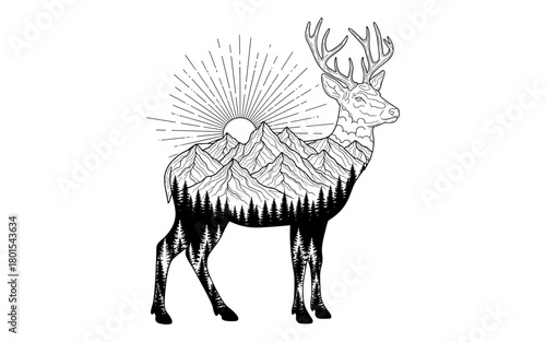 Double exposure deer design with mountains and forest silhouette