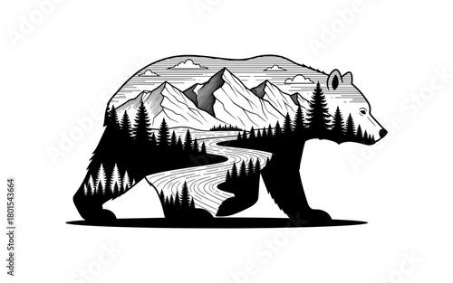 Silhouette of bear with mountain and forest landscape double exposure