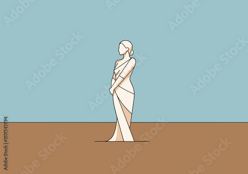 Elegantly wrapped woman standing in minimalist scene with neutral tones