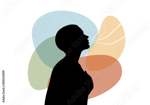 Silhouette of woman breathing with colorful abstract shapes in background
