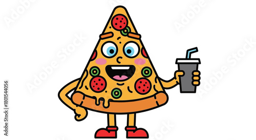Cartoon pizza slice character holding drink vector illustration art
