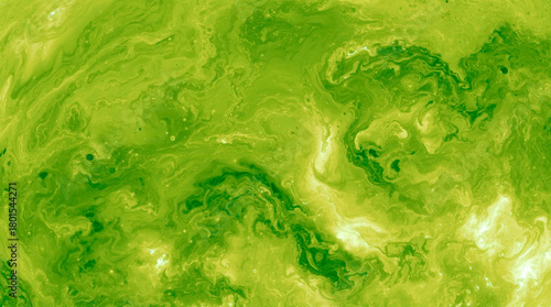 Fototapeta Naklejka Na Ścianę i Meble -  Abstract green paint swirling in liquid with marbled texture on bright background.
