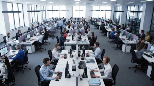 A high-angle time-lapse of a busy call center, showing the rhythmic activity of a diverse team of customer service agents